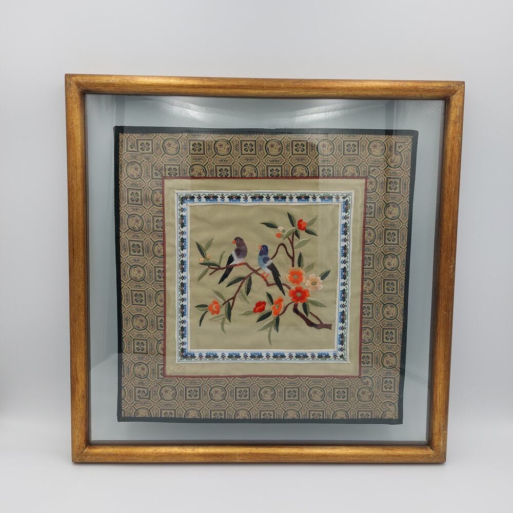 Vtg Chinese Silk Embroidery Art Framed Birds Flowers Double Glass Floating Mount